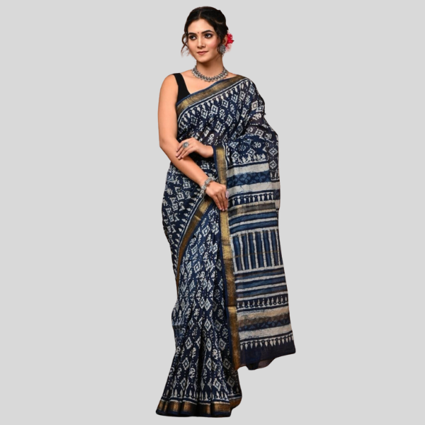 Indigo Golden Zari Maheshwari silk saree with blouse Bagru hand block printed