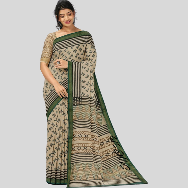 Green with Pastle Brown  Golden Zari Maheshwari silk saree with blouse Bagru hand block printed