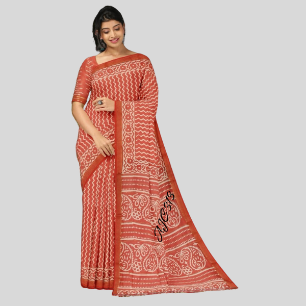 Brown Red with White Golden Zari Maheshwari silk saree with blouse Bagru hand block printed