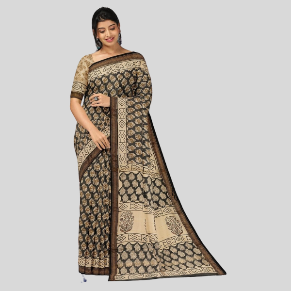 Pastle Brown with Black Golden Zari Maheshwari silk saree with blouse Bagru hand block printed