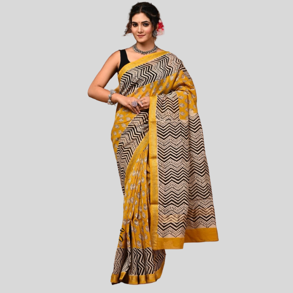 Mustard Black Golden Zari Maheshwari silk saree with blouse Bagru hand block printed