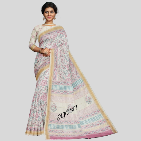 Flower Pastle Pink Sky White Golden Zari Maheshwari silk saree with blouse Bagru hand block printed