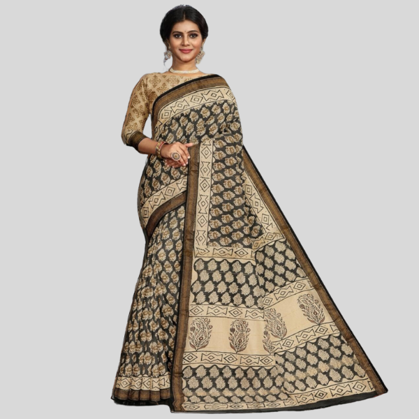 Pastle Brown wih Black Golden Zari Maheshwari silk saree with blouse Bagru hand block printed