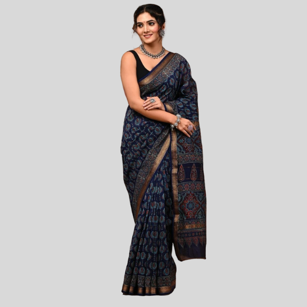 Indigo White Golden Zari Maheshwari silk saree with blouse Bagru hand block printed