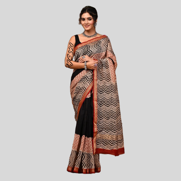 Black Red Golden Zari Maheshwari silk saree with blouse Bagru hand block printed