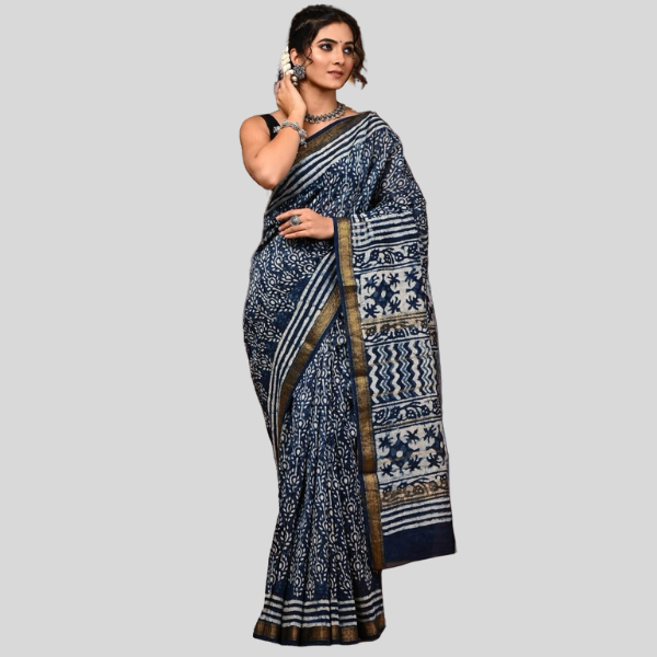 Indigo White Batik Golden Zari Maheshwari silk saree with blouse Bagru hand block printed