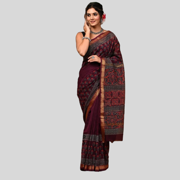 Wine Red Golden Zari Maheshwari silk saree with blouse Bagru hand block printed