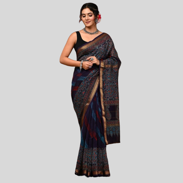 Navy Blue with Red Sky Golden Zari Maheshwari silk saree with blouse Bagru hand block printed