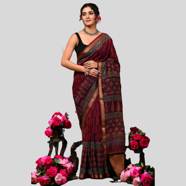 Batik Brown Red with Sky  Golden Zari Maheshwari silk saree with blouse Bagru hand block printed