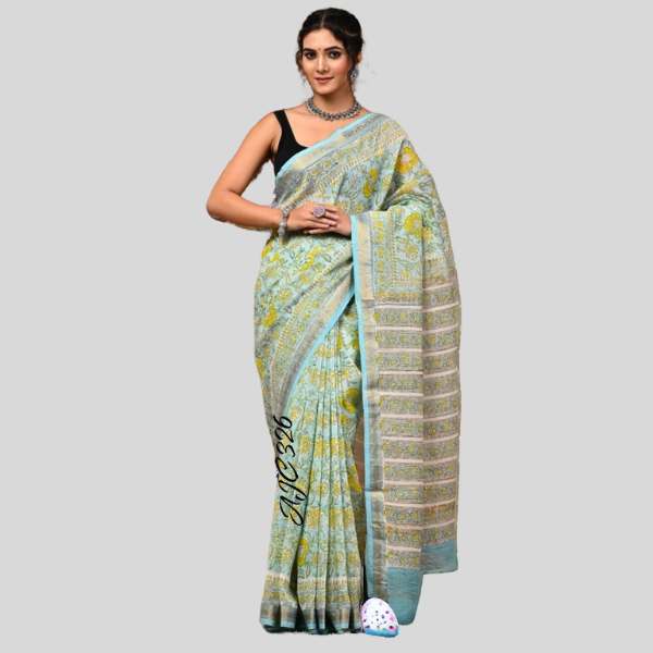 Pastle  Sky with Yellow Flower  Golden Zari Maheshwari silk saree with blouse Bagru hand block printed