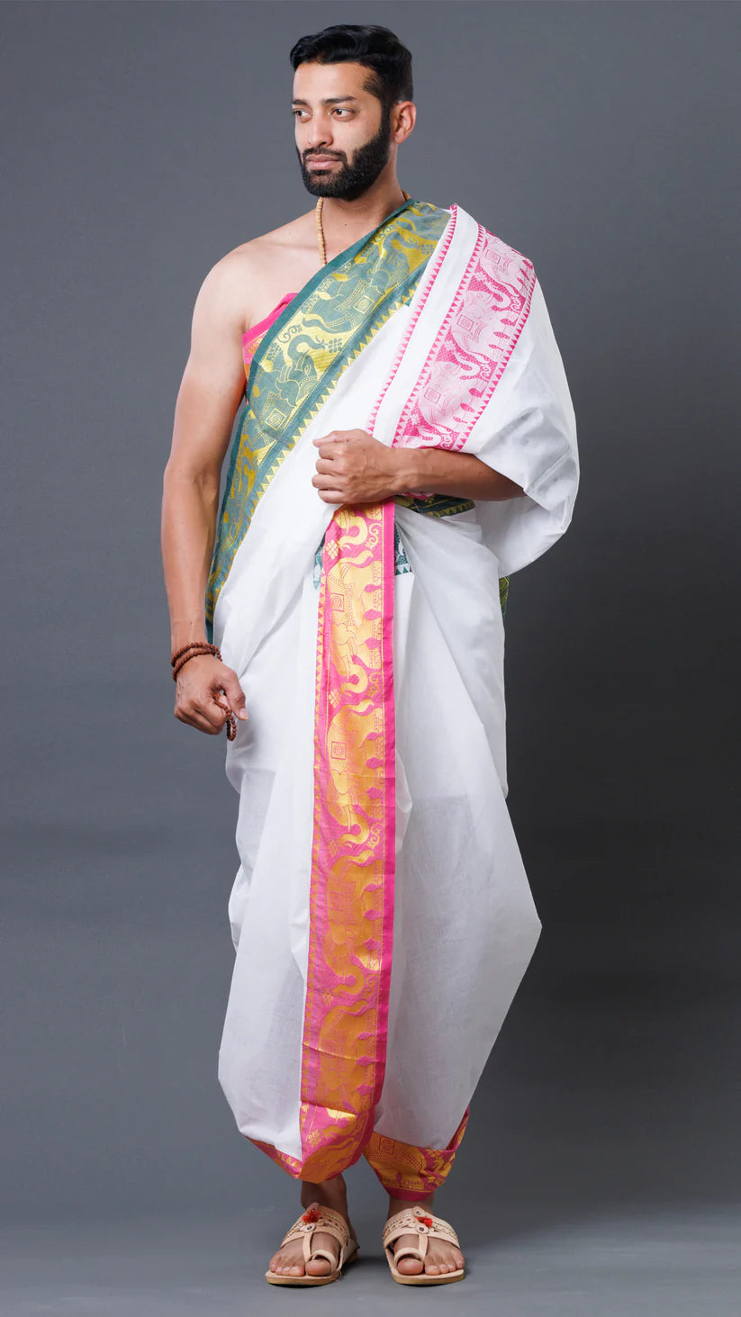 White Cotton Dhoti With Intricate Elephant Border