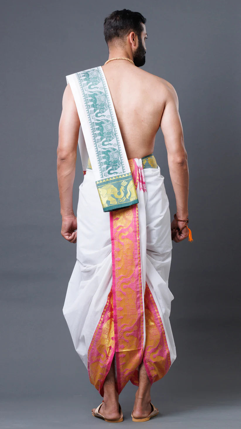 White Cotton Dhoti With Intricate Elephant Border