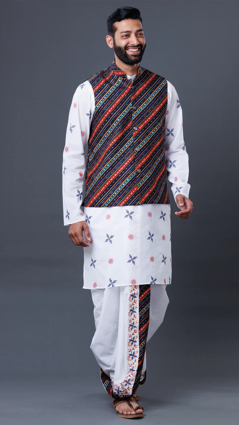 High Quality 3-Piece Jod (White Dhoti, White Kurta, and Colored Khes)