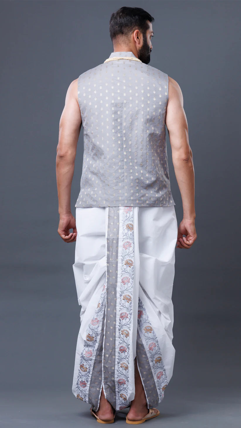 White Dhoti White Kurta And Colored Khes 3-Piece Jod