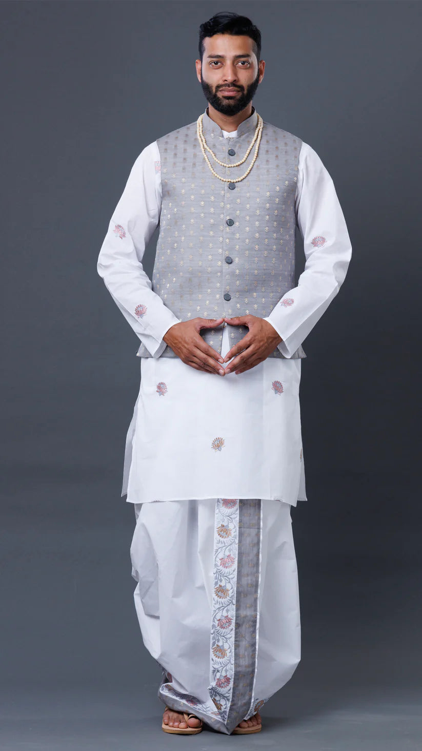 White Dhoti White Kurta And Colored Khes 3-Piece Jod