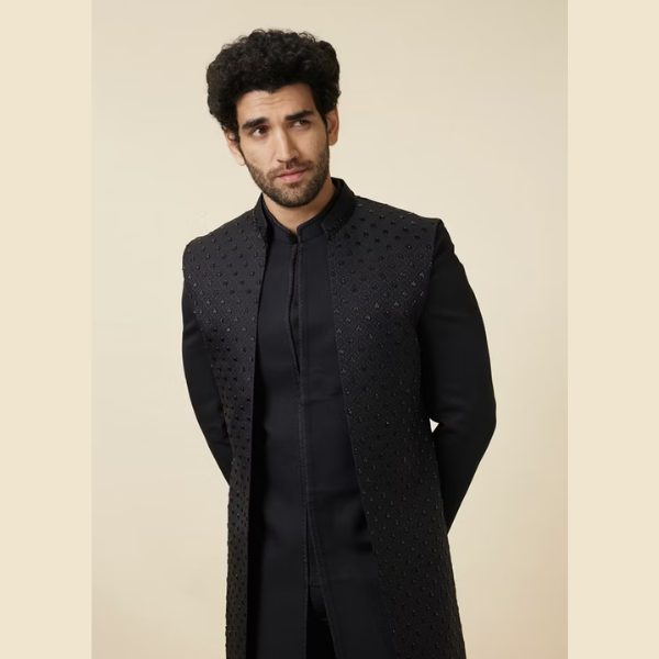 Manyavar Midnight Black Diamond Patterned Indo Western Set