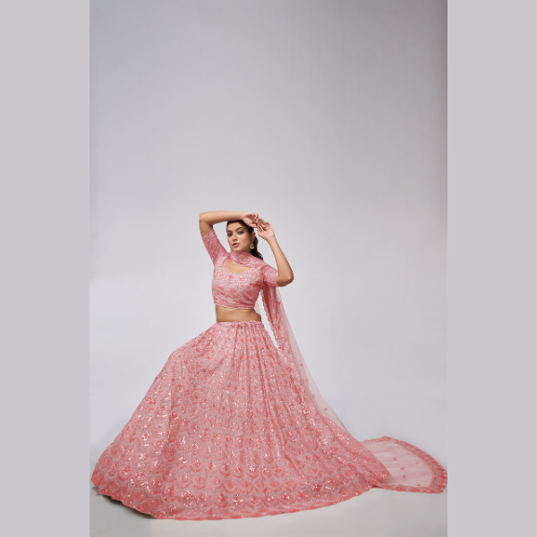 Rose Pink Diamond Pattern Embroidered Girlish Lehenga Choli | Oct 2024