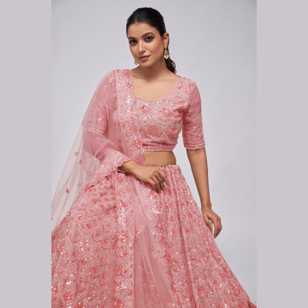 Rose Pink Diamond Pattern Embroidered Girlish Lehenga Choli | Oct 2024