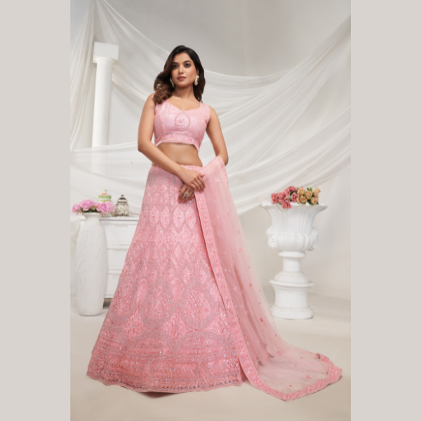 Blush Pink Floral Art Nouveau Patterned  Sequins Embellishments  Bridal Lehenga Choli | Oct 2024