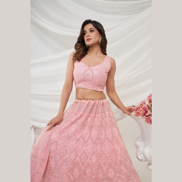 Blush Pink Floral Art Nouveau Patterned  Sequins Embellishments  Bridal Lehenga Choli | Oct 2024