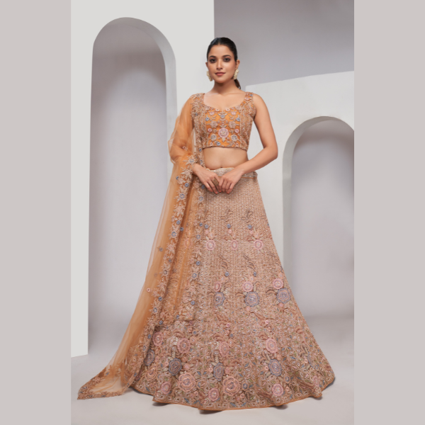 Sandstone Rust Embroidered  Zari Work Floral Patterns Bridal Lehenga Choli | Oct 2024 - India shopping