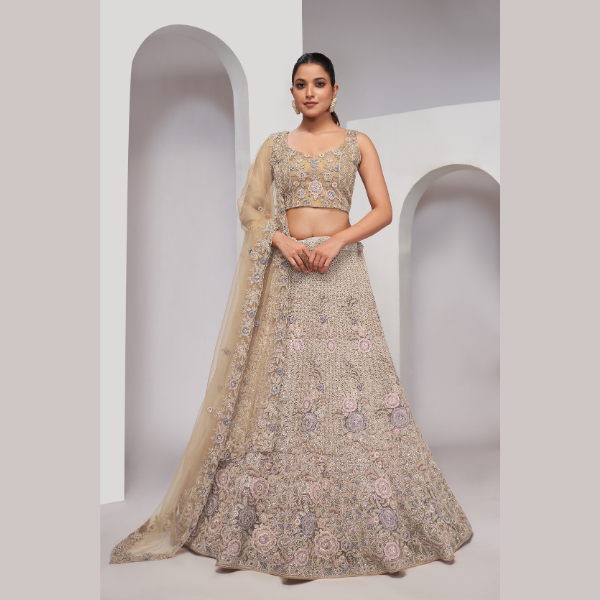 Luxurious Golden Embroidered  Zari Work Floral Designer Lehenga Choli | Oct 2024