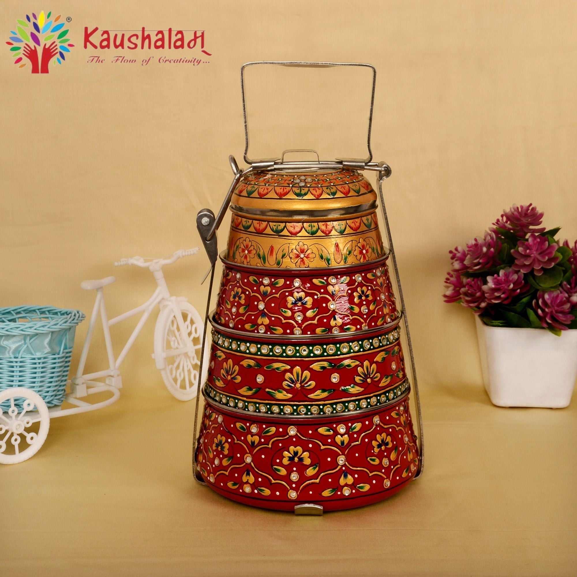 Kaushalam hand painted 4 tier steel pyramid tiffin: Maroon