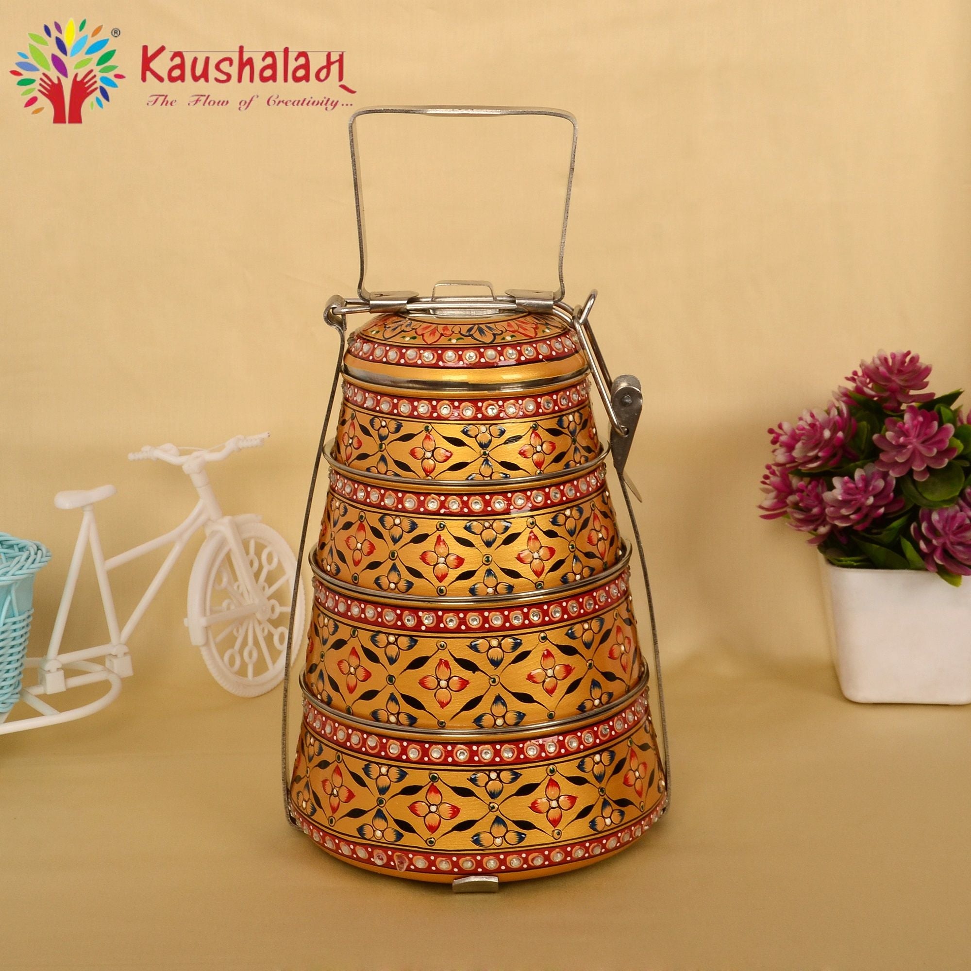 Kaushalam hand painted 4 tier steel pyramid tiffin: Golden