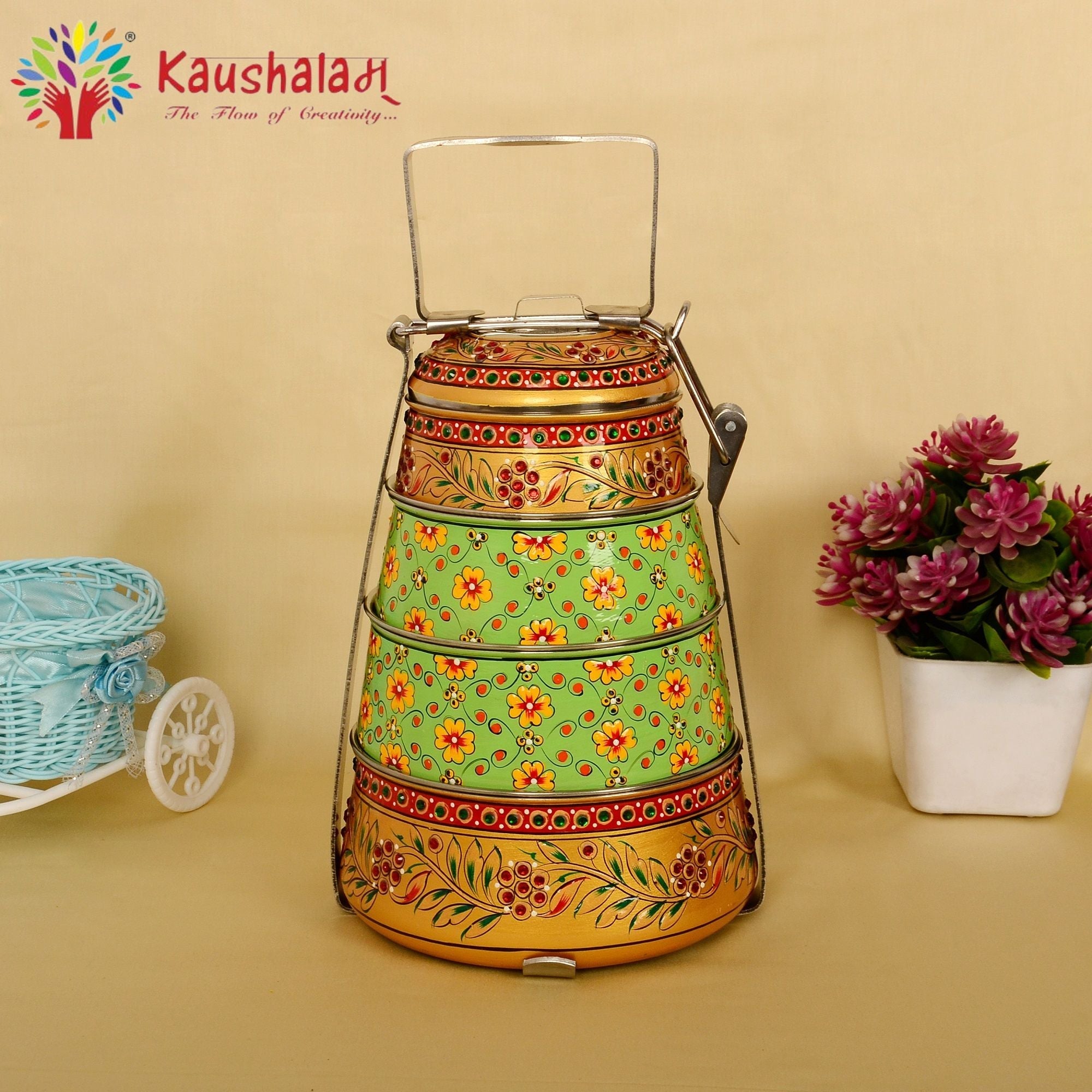 Kaushalam hand painted 4 tier steel pyramid tiffin: Golden & Green