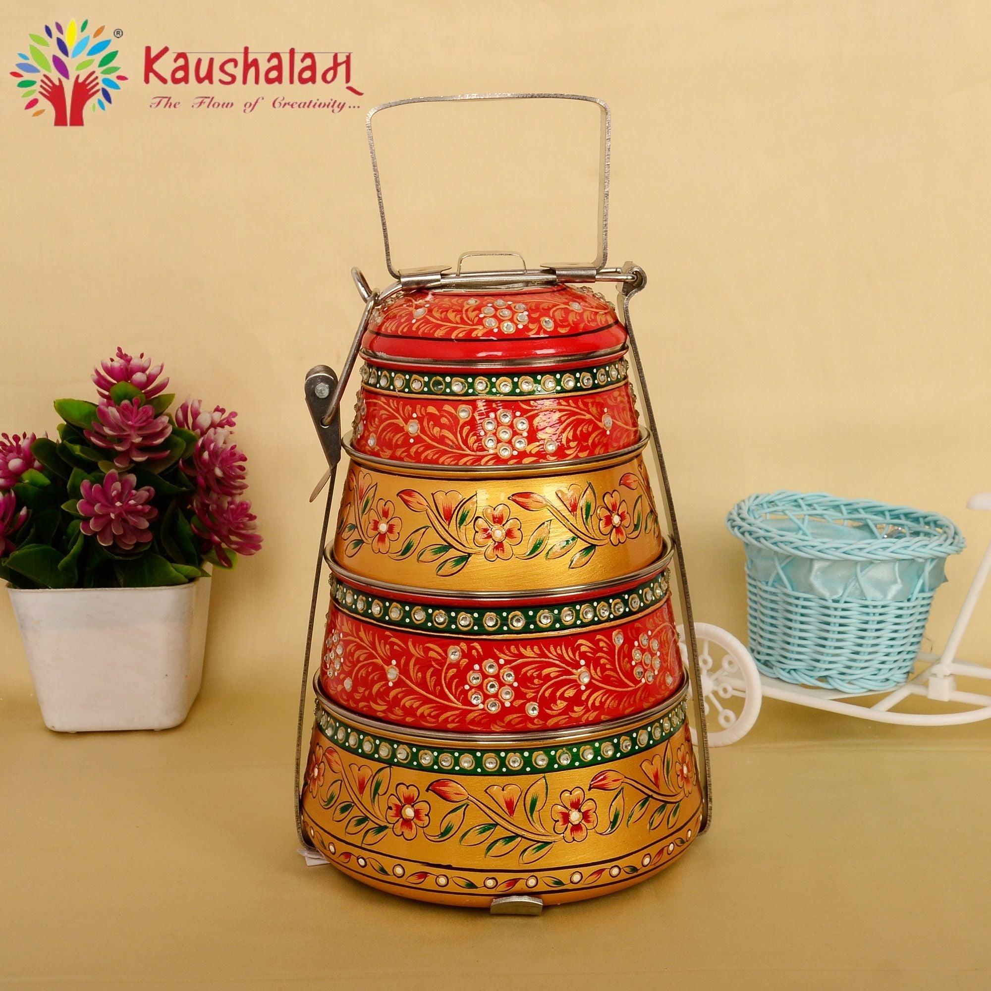 Kaushalam hand painted 4 tier steel pyramid tiffin: Pink & Golden