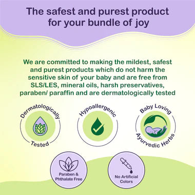 Promotional graphic for a baby product line with safety and purity claims.