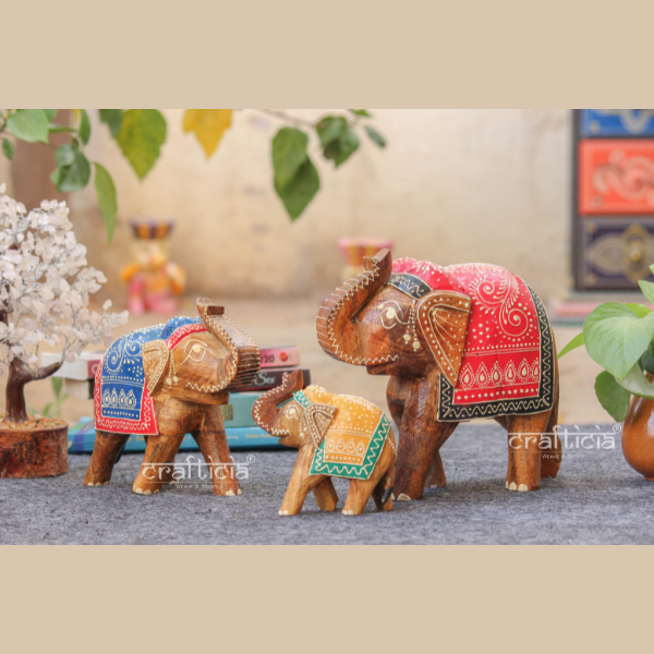 Wooden Trunk Up Elephant Set of 3