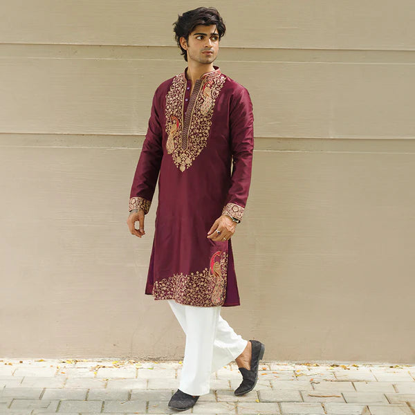 Meraki Ethnic Maroon Peacock Elegance Kurta Pajama | Ready To Wear