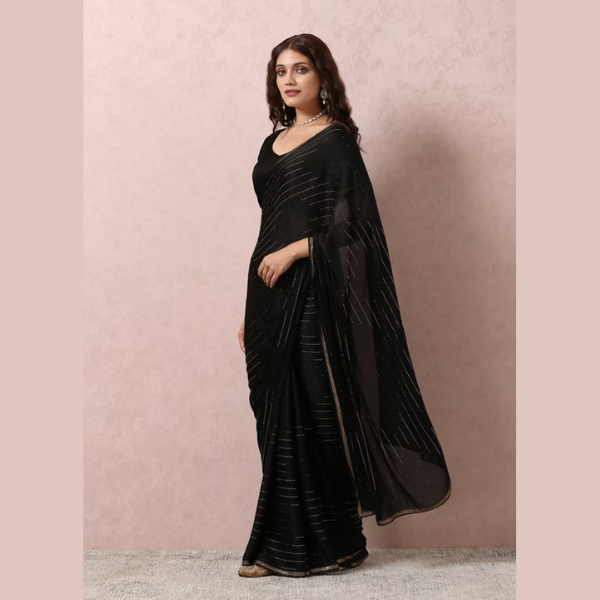 Manyavar Black Chiffon Cocktail Saree | Ready To Wear