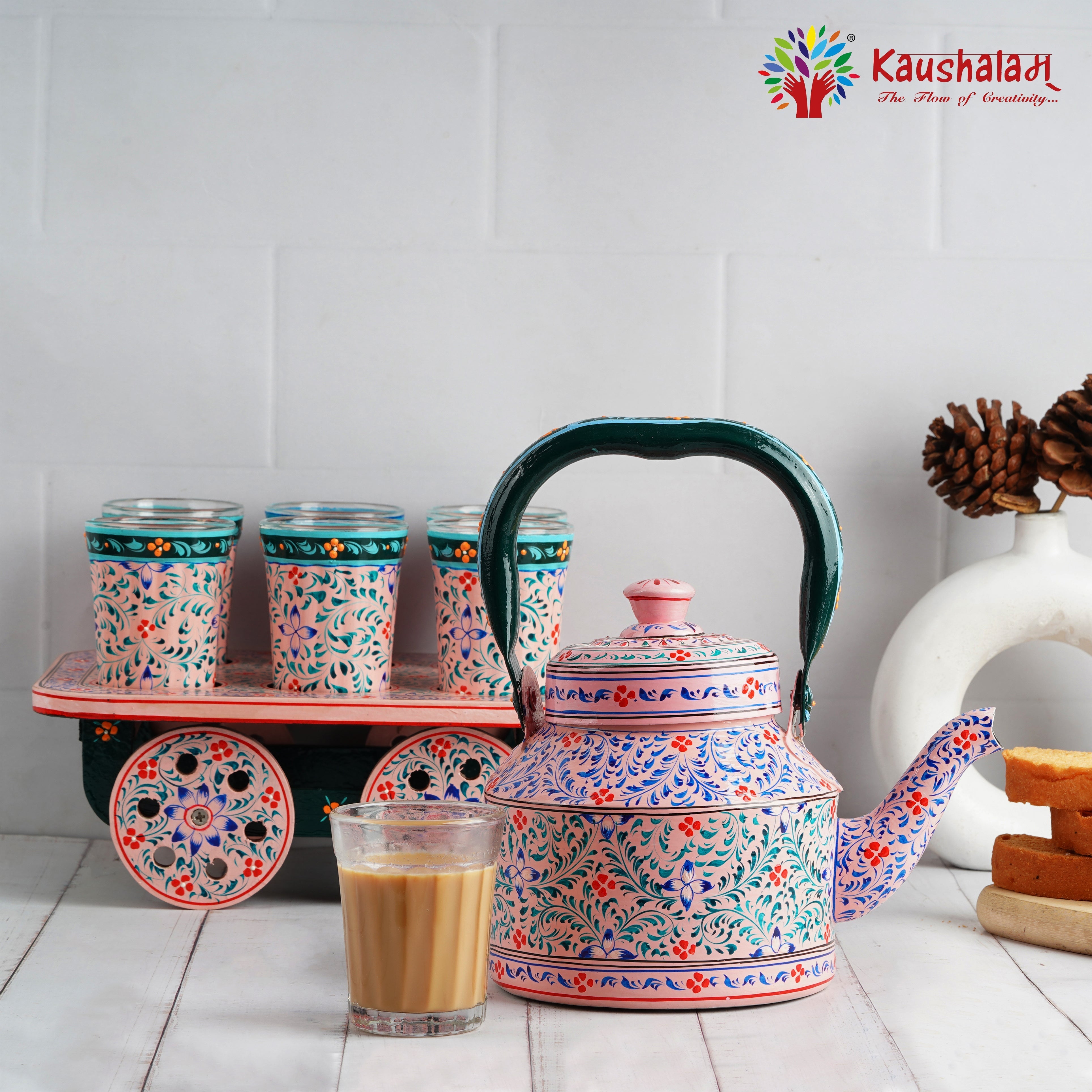 "Pink City" - Hand painted Tea set with Tea Cart