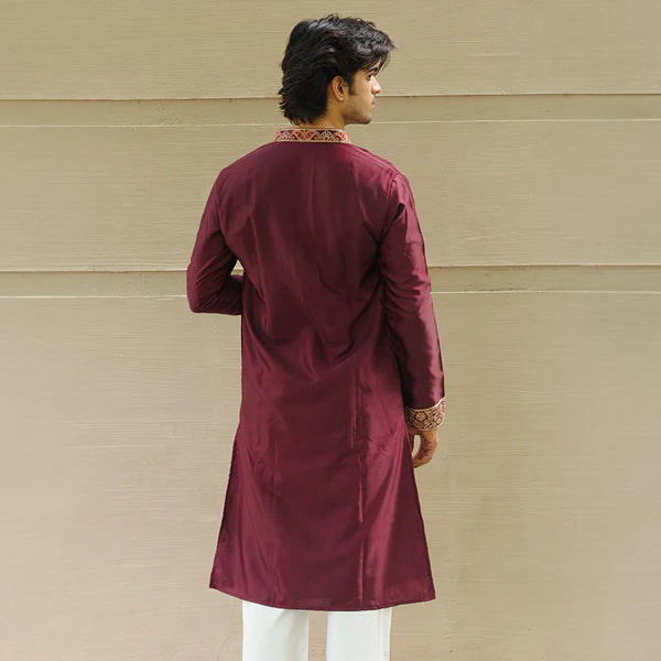 Meraki Ethnic Maroon Peacock Elegance Kurta Pajama | Ready To Wear