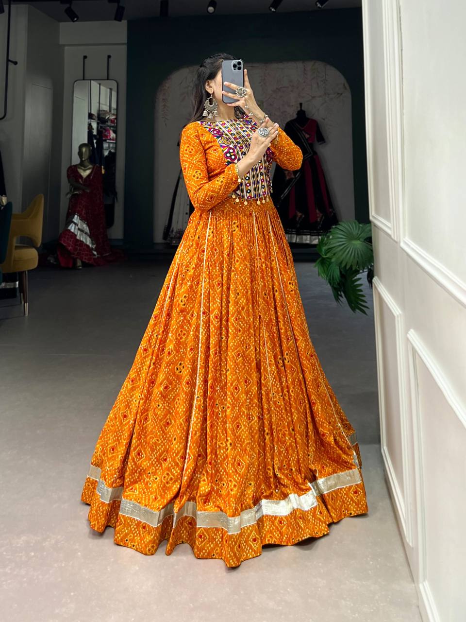 Elegant Bandhej Lengha Print With Foil Work And Embossed | Navratri Collection September