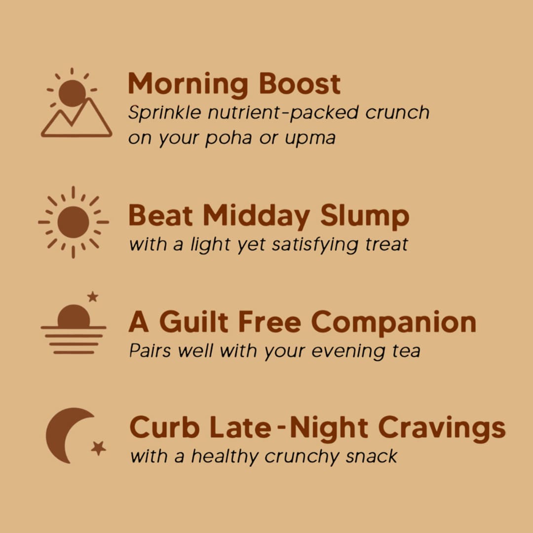 Text on a brown background describing the benefits of a snack for different times of the day.