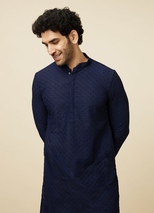 Manyawar Traditional Chikankari Blue Kurta Set