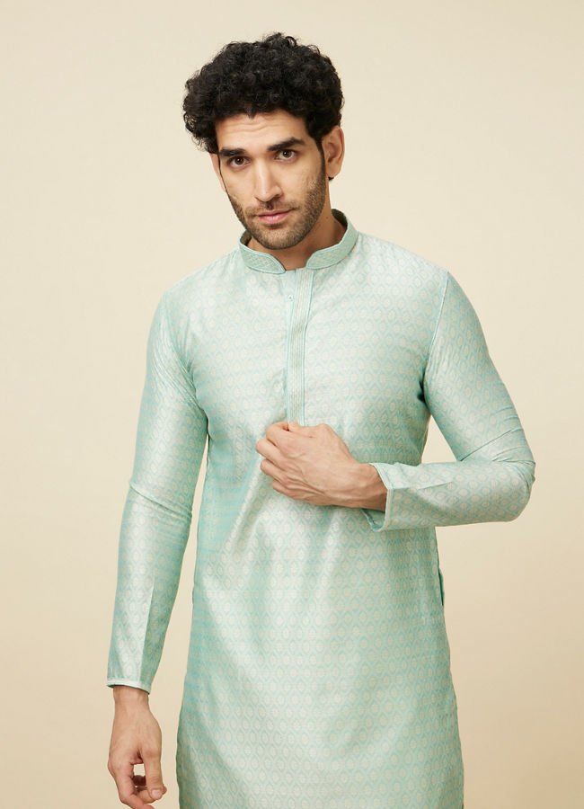 Manyawar Ice Blue Self Design Kurta Set