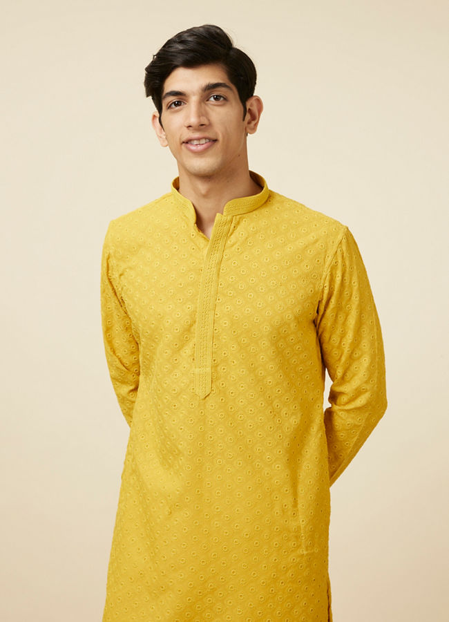 Manyawar Mustard Yellow Chikankari Kurta Pajama