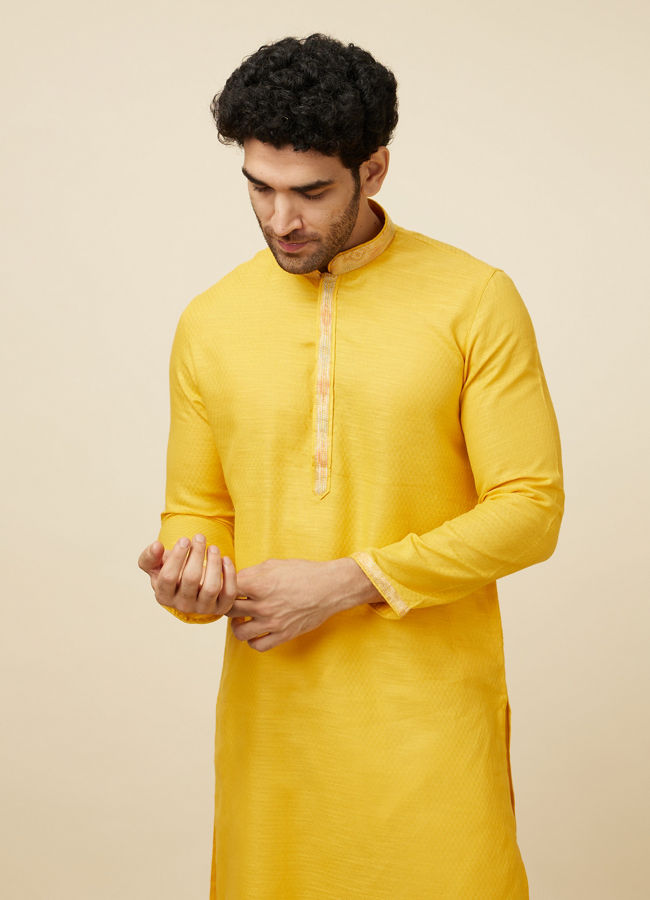 Manyawar Yellow Self Woven Kurta Pajama Set