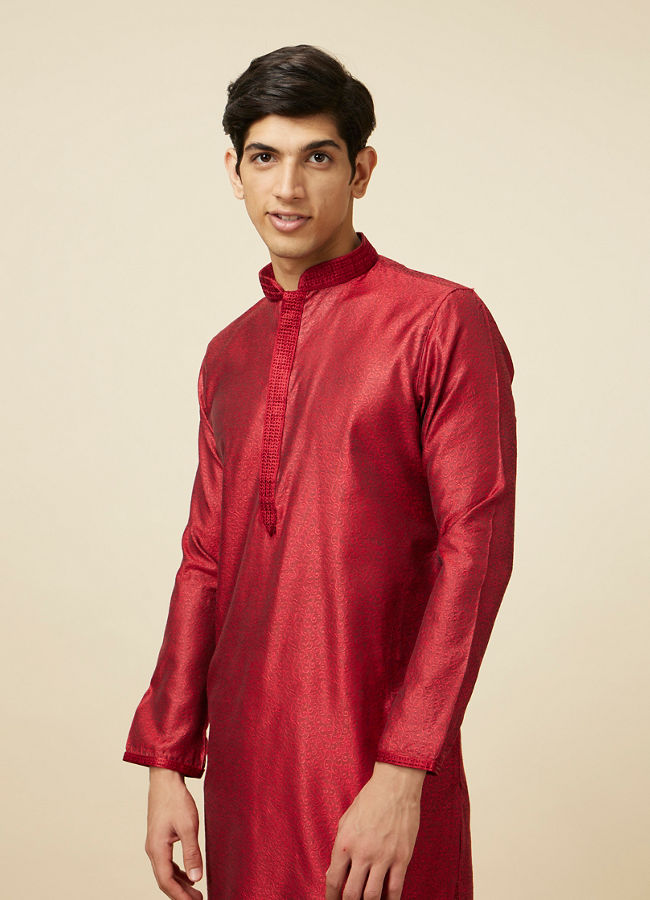 Manyawar Ruby Red Self Design Kurta Pajama