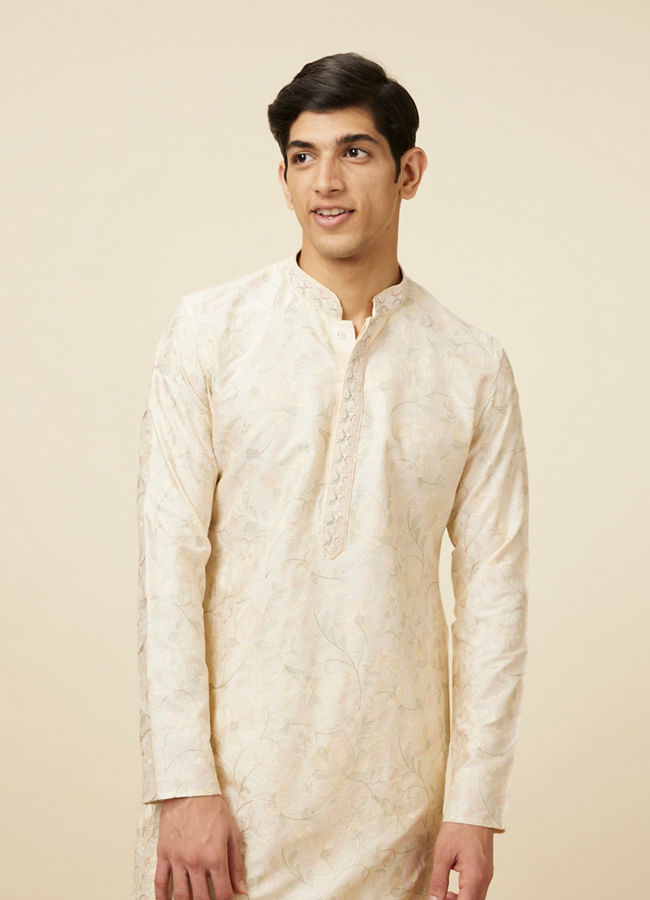 Manyawar Off White Celebration Wear Self Design Kurta Pajama