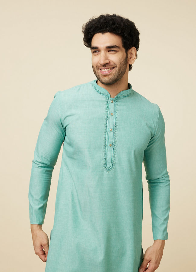 Manyawar Sea Blue Solid Kurta Pajama