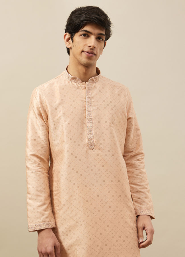 Manyawar Cream Pink Floral Grid Printed Kurta Set