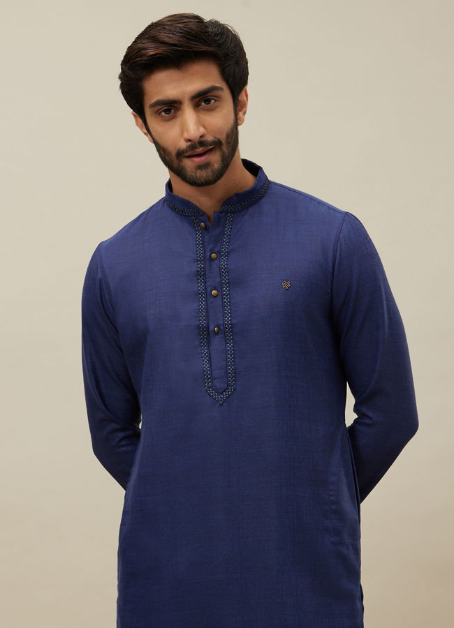 Manyawar Midnight Sapphire Blue Embroidered Placket Kurta Set - India shopping