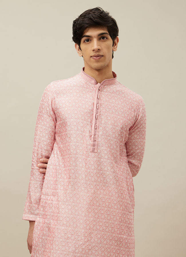 Manyawar Veiled Rose Pink Bel Buti Patterned Kurta Set