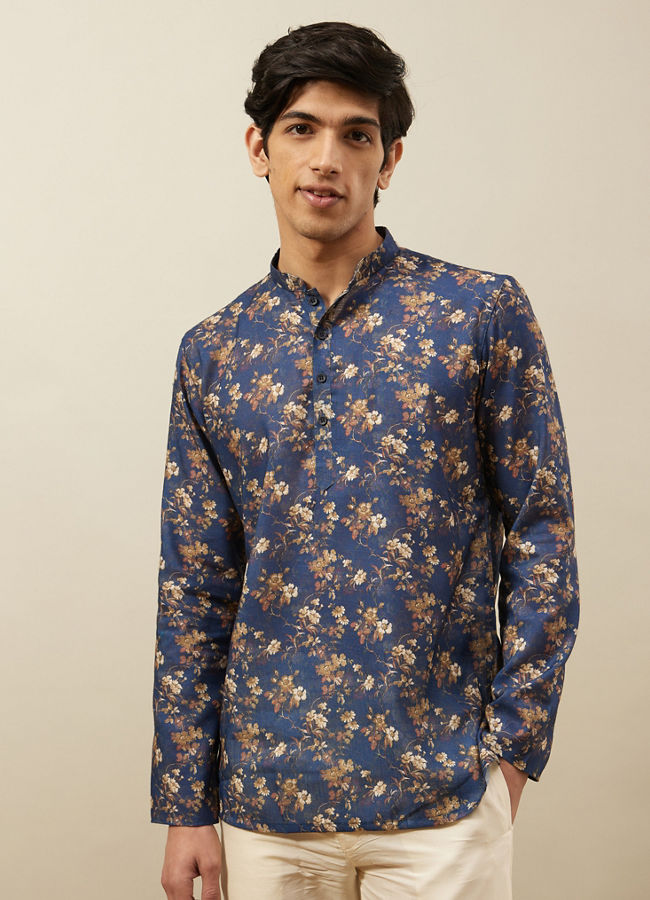 Manyawar Twilight Blue Floral Patterned Short Kurta