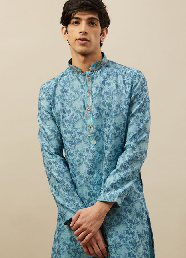 Manyawar Tropical Blue Bel Buti Printed Kurta Set - India shopping